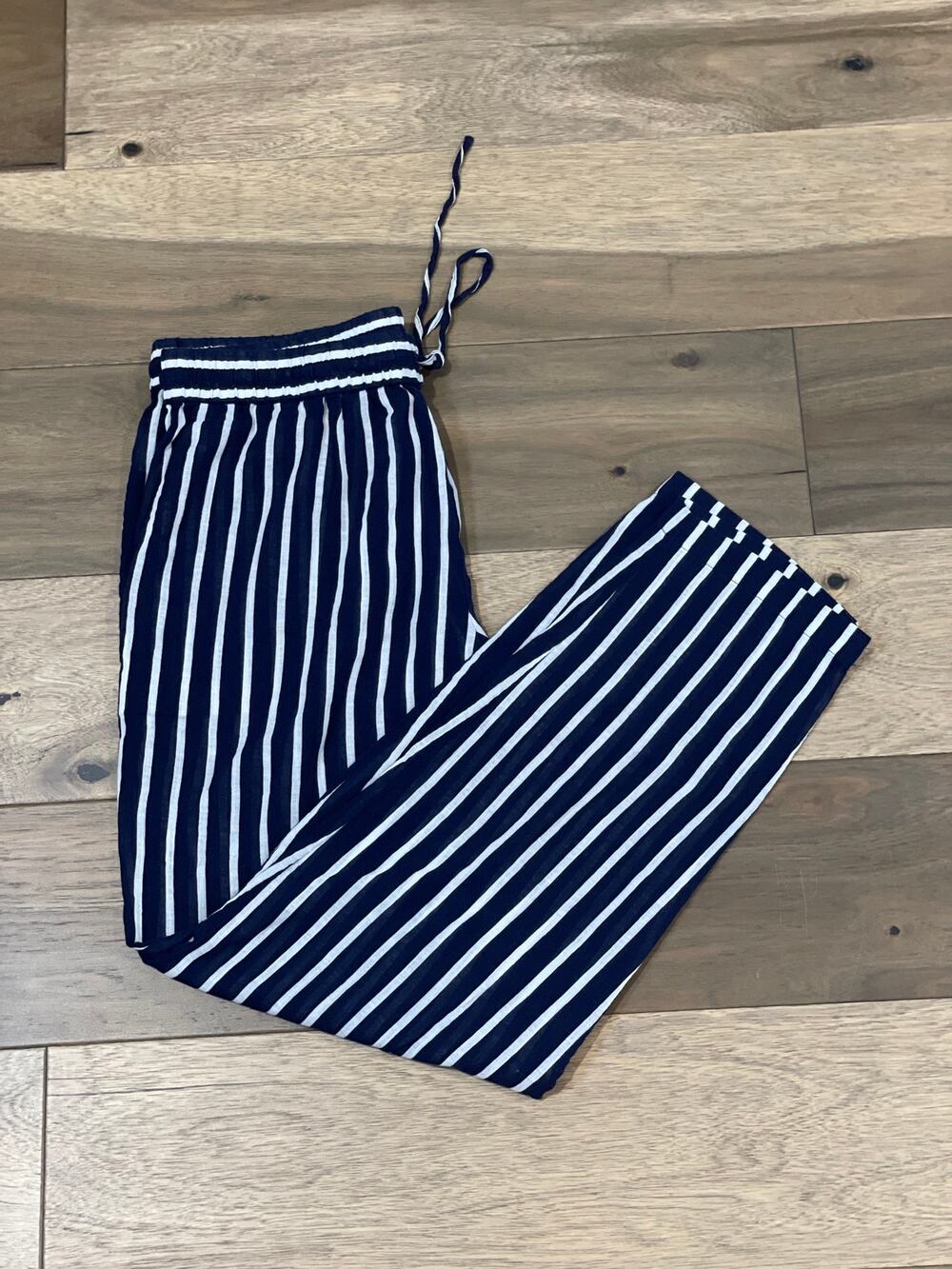 J.Crew Navy & White Striped Wide‑Leg Cotton Pants with Drawstring Waist Size M